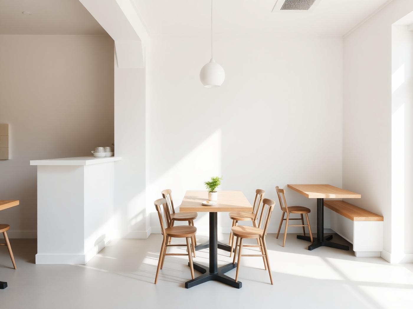 Ljus caféinteriör med träbord och vita väggar