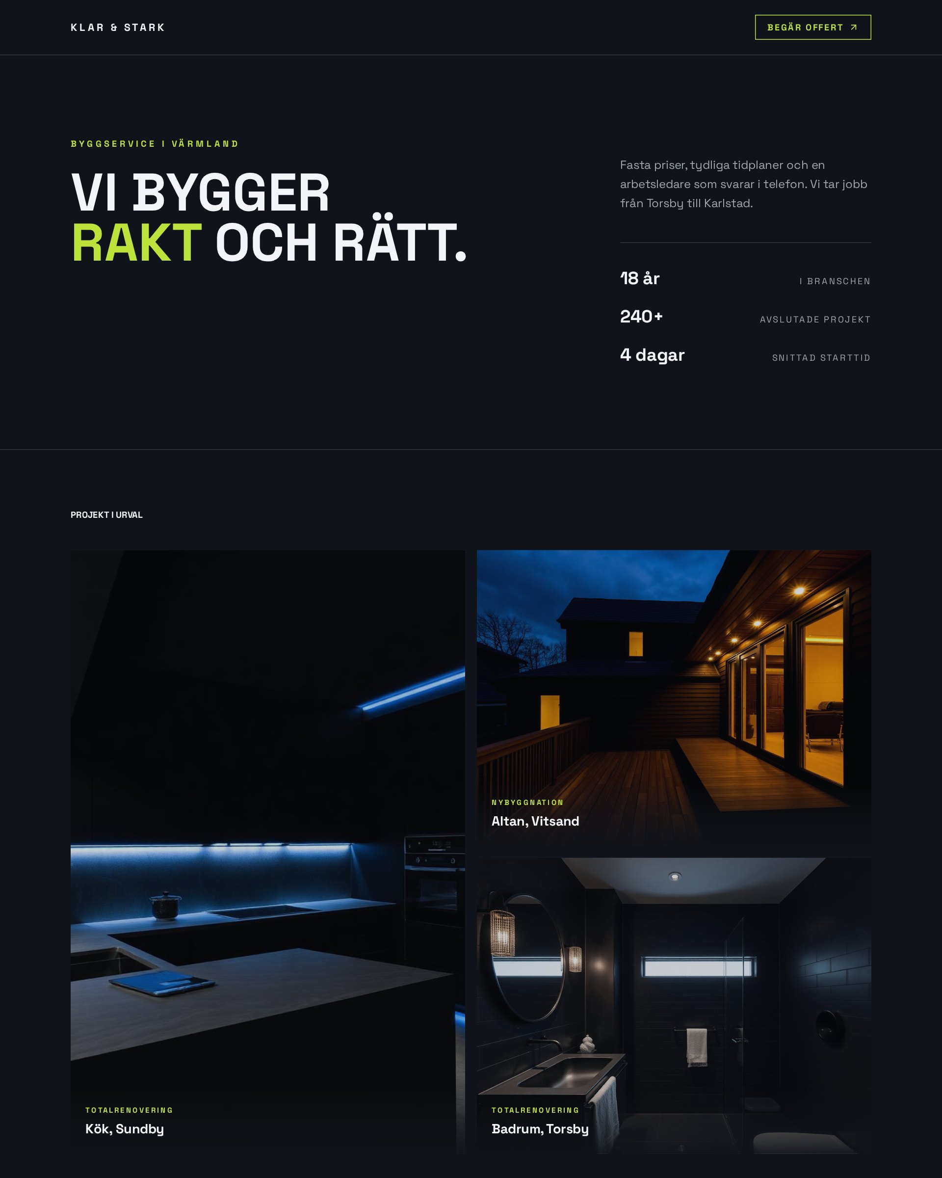 Startsidan för demosidan Klar & Stark Hantverk med rubriken Vi bygger rakt och rätt