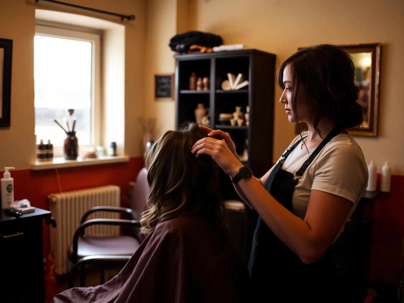 Frisör stylar en kunds hår i en liten salong