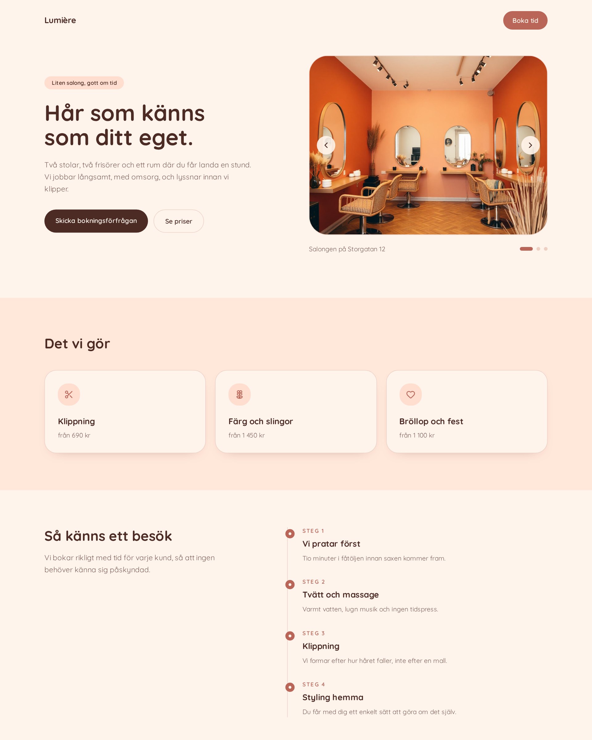 Startsidan för demosidan Lumière Hair Studio med varm, personlig design